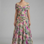 Women's V-Neck Maxi Dress with Draped Bodice & Sheer Short Sleeves – Wedding Guest & Summer