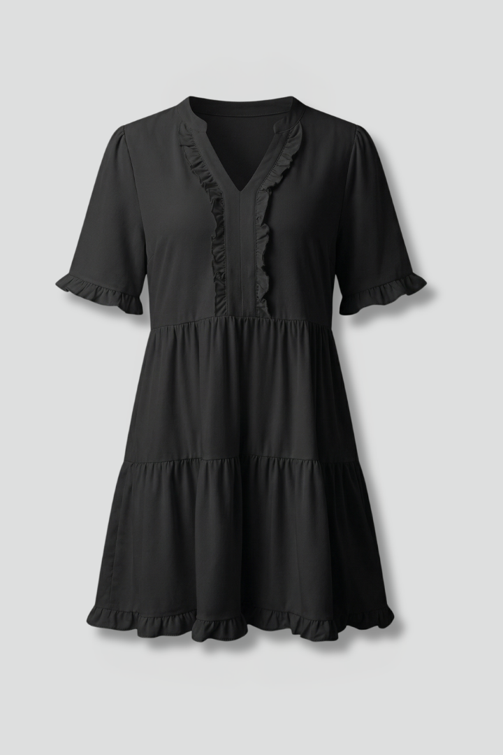 Women's V-Neck Tiered Mini Dress with Ruffle Sleeves & Ruffle Trim – Flared Summer Dress