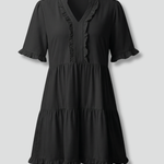 Women's V-Neck Tiered Mini Dress with Ruffle Sleeves & Ruffle Trim – Flared Summer Dress