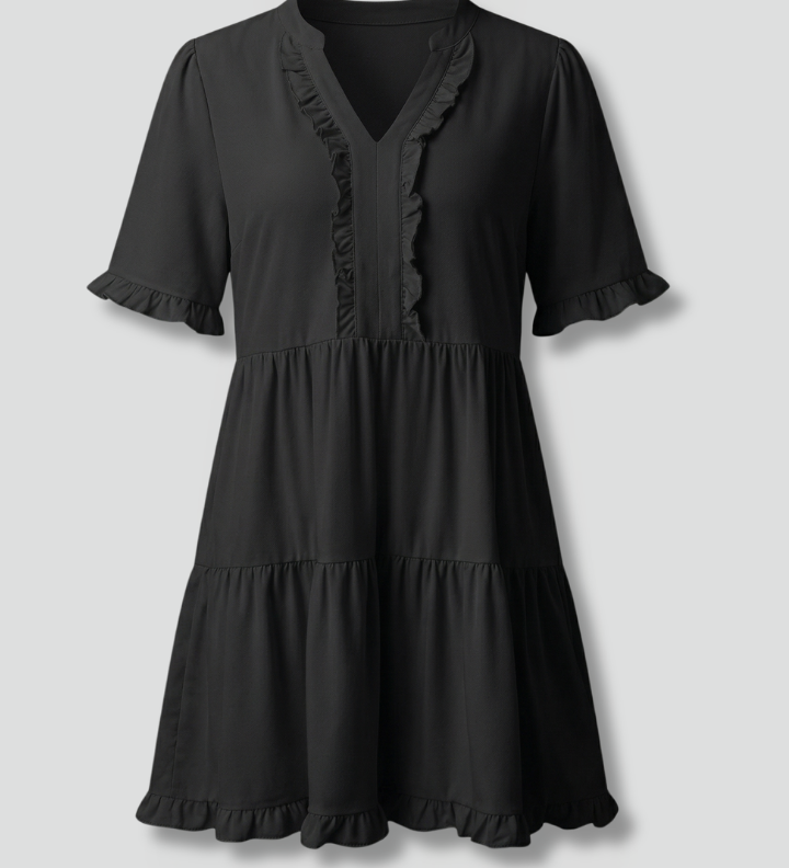 Women's V-Neck Tiered Mini Dress with Ruffle Sleeves & Ruffle Trim – Flared Summer Dress