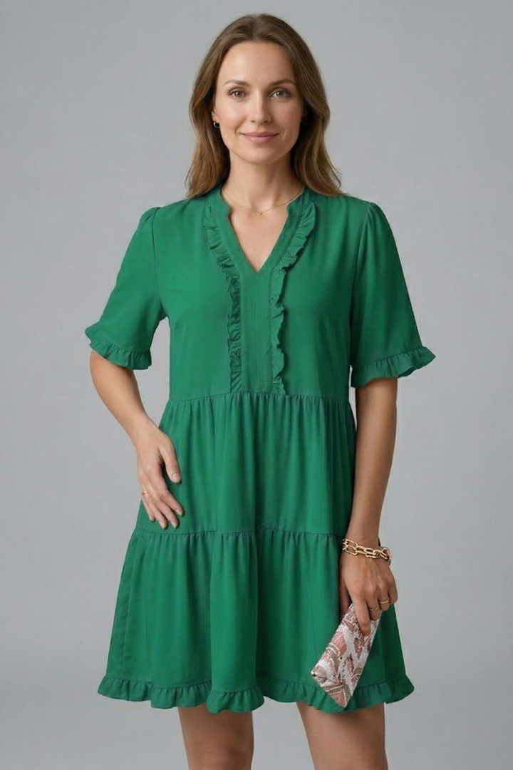 Women's V-Neck Tiered Mini Dress with Ruffle Sleeves & Ruffle Trim – Flared Summer Dress