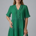 Women's V-Neck Tiered Mini Dress with Ruffle Sleeves & Ruffle Trim – Flared Summer Dress