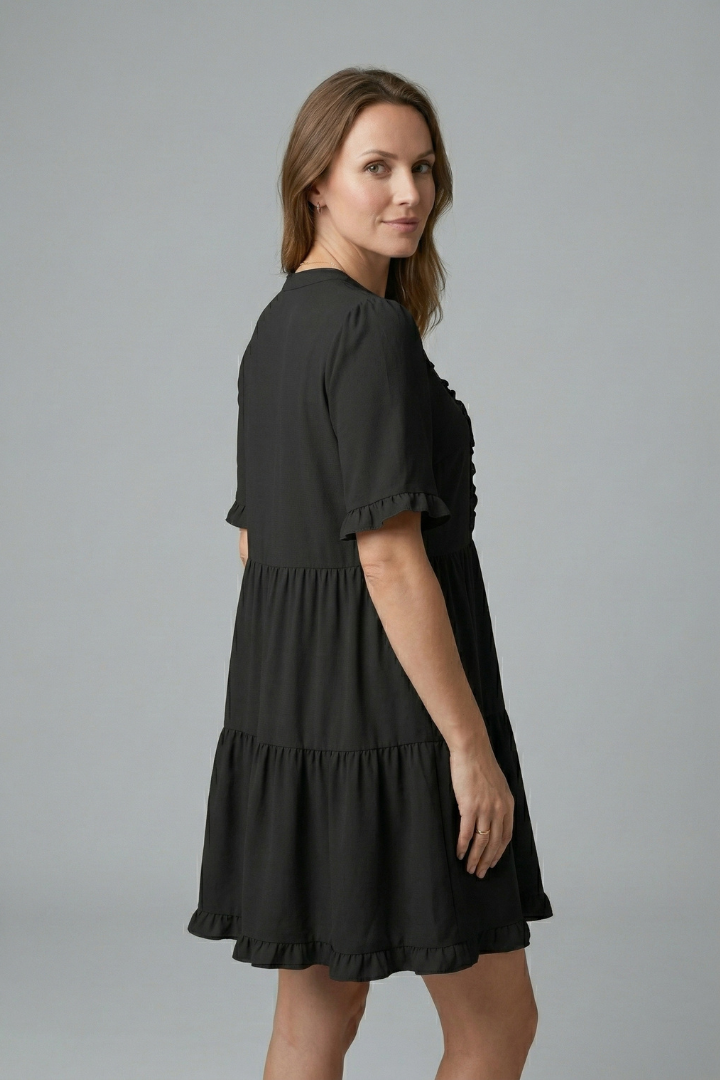 Women's V-Neck Tiered Mini Dress with Ruffle Sleeves & Ruffle Trim – Flared Summer Dress