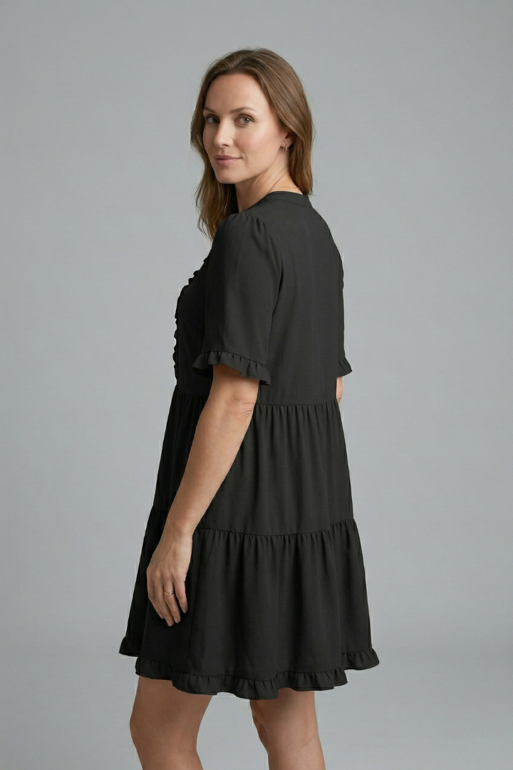 Women's V-Neck Tiered Mini Dress with Ruffle Sleeves & Ruffle Trim – Flared Summer Dress