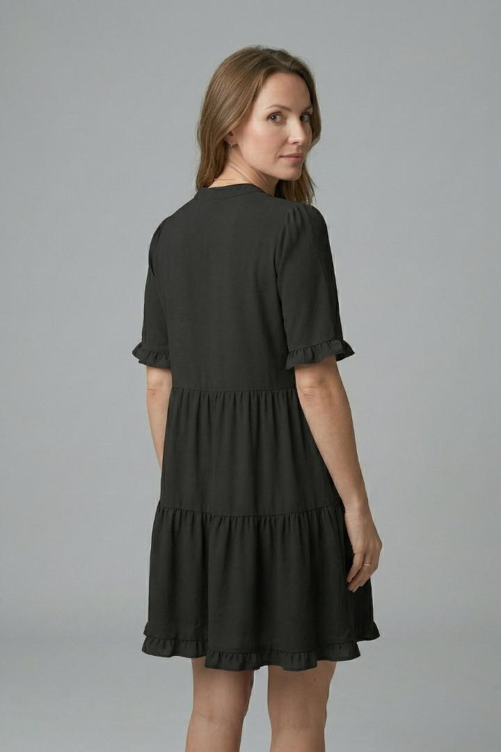 Women's V-Neck Tiered Mini Dress with Ruffle Sleeves & Ruffle Trim – Flared Summer Dress