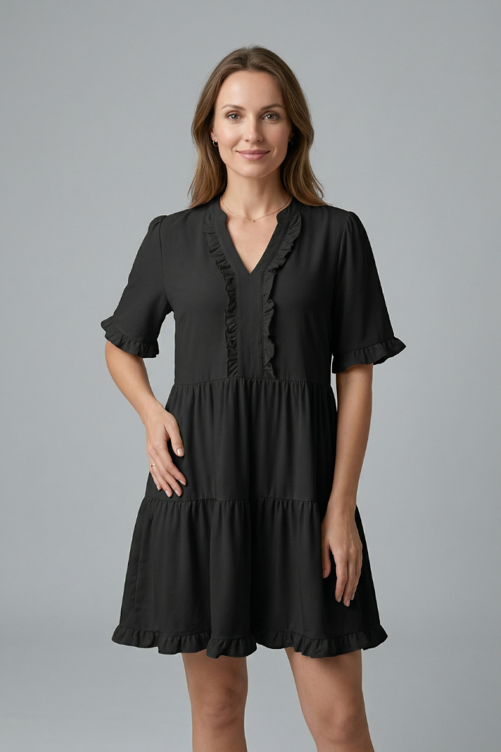 Women's V-Neck Tiered Mini Dress with Ruffle Sleeves & Ruffle Trim – Flared Summer Dress
