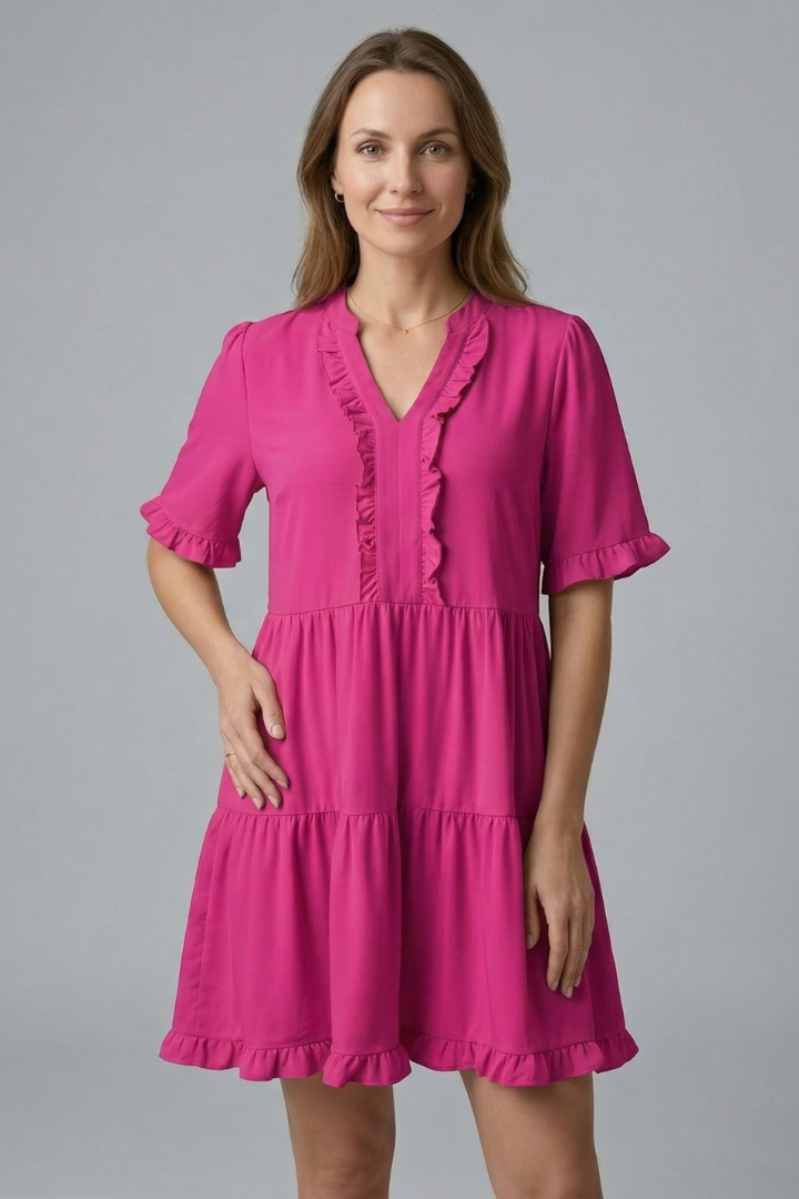 Women's V-Neck Tiered Mini Dress with Ruffle Sleeves & Ruffle Trim – Flared Summer Dress