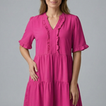Women's V-Neck Tiered Mini Dress with Ruffle Sleeves & Ruffle Trim – Flared Summer Dress