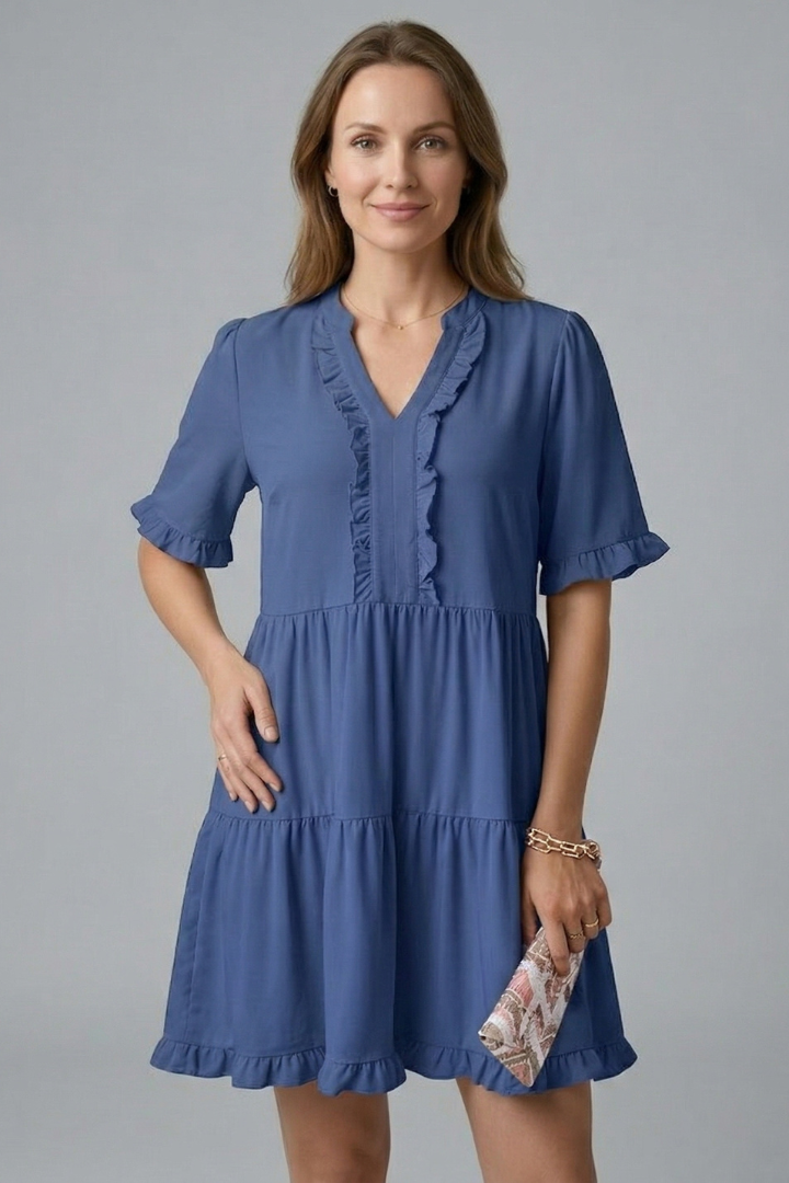 Women's V-Neck Tiered Mini Dress with Ruffle Sleeves & Ruffle Trim – Flared Summer Dress