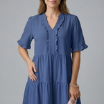 Women's V-Neck Tiered Mini Dress with Ruffle Sleeves & Ruffle Trim – Flared Summer Dress