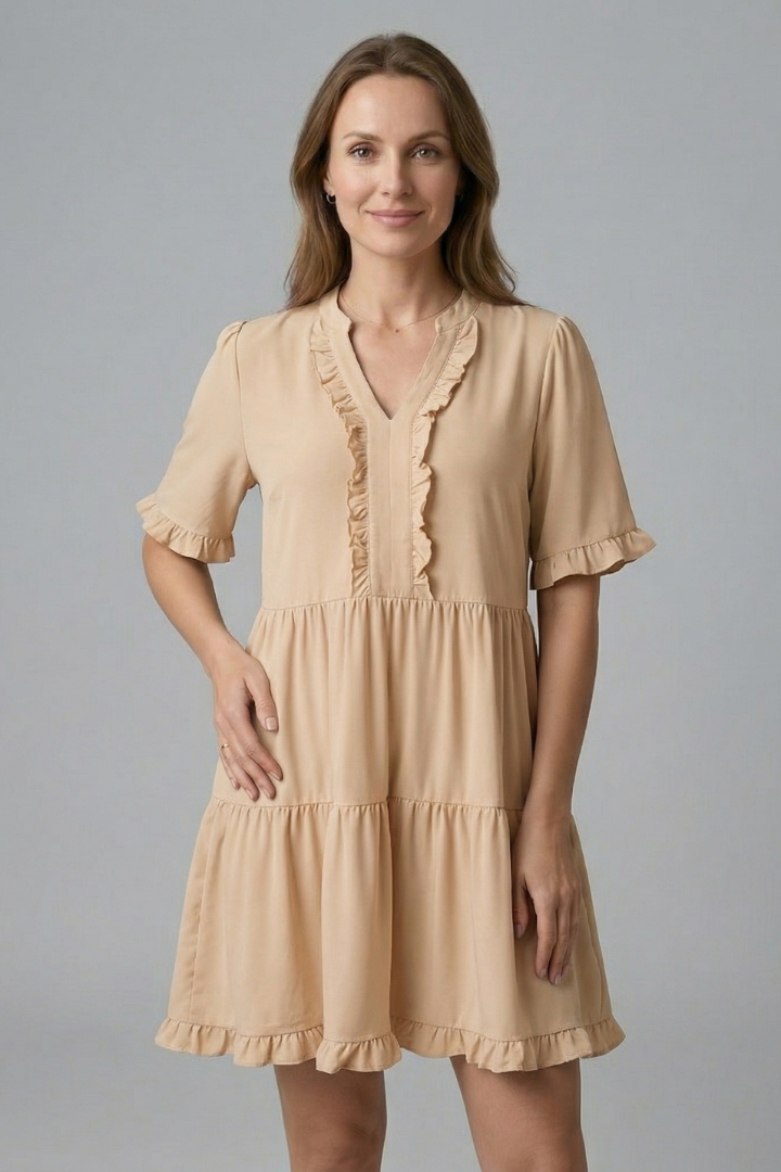 Women's V-Neck Tiered Mini Dress with Ruffle Sleeves & Ruffle Trim – Flared Summer Dress