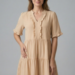 Women's V-Neck Tiered Mini Dress with Ruffle Sleeves & Ruffle Trim – Flared Summer Dress