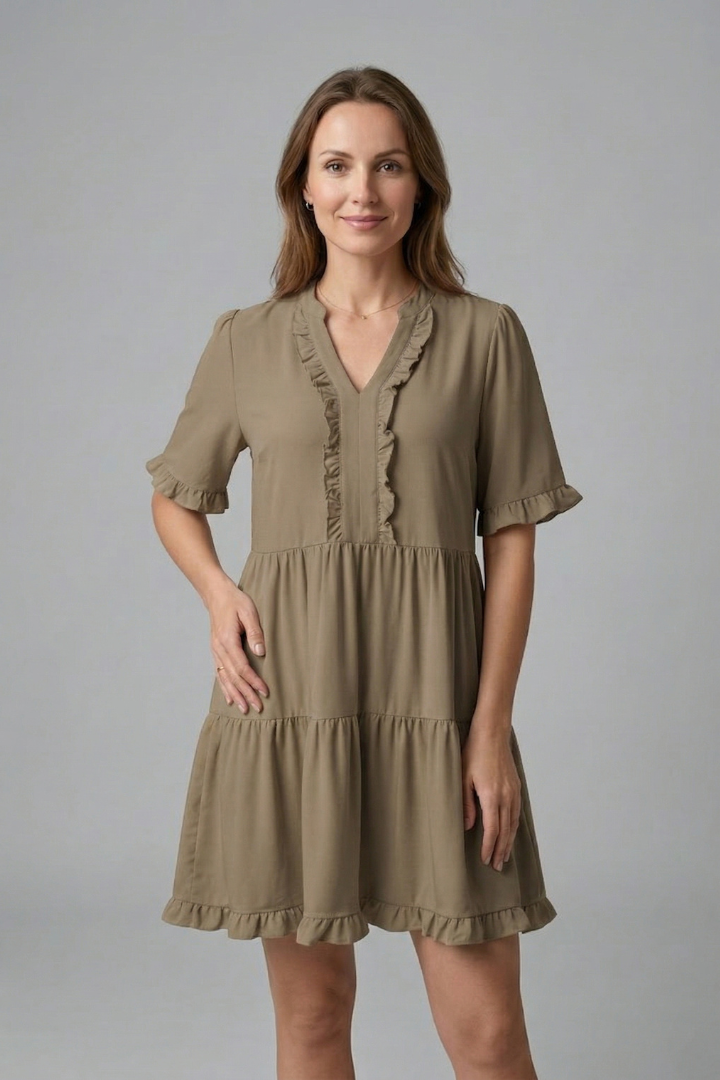 Women's V-Neck Tiered Mini Dress with Ruffle Sleeves & Ruffle Trim – Flared Summer Dress