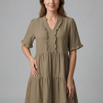Women's V-Neck Tiered Mini Dress with Ruffle Sleeves & Ruffle Trim – Flared Summer Dress