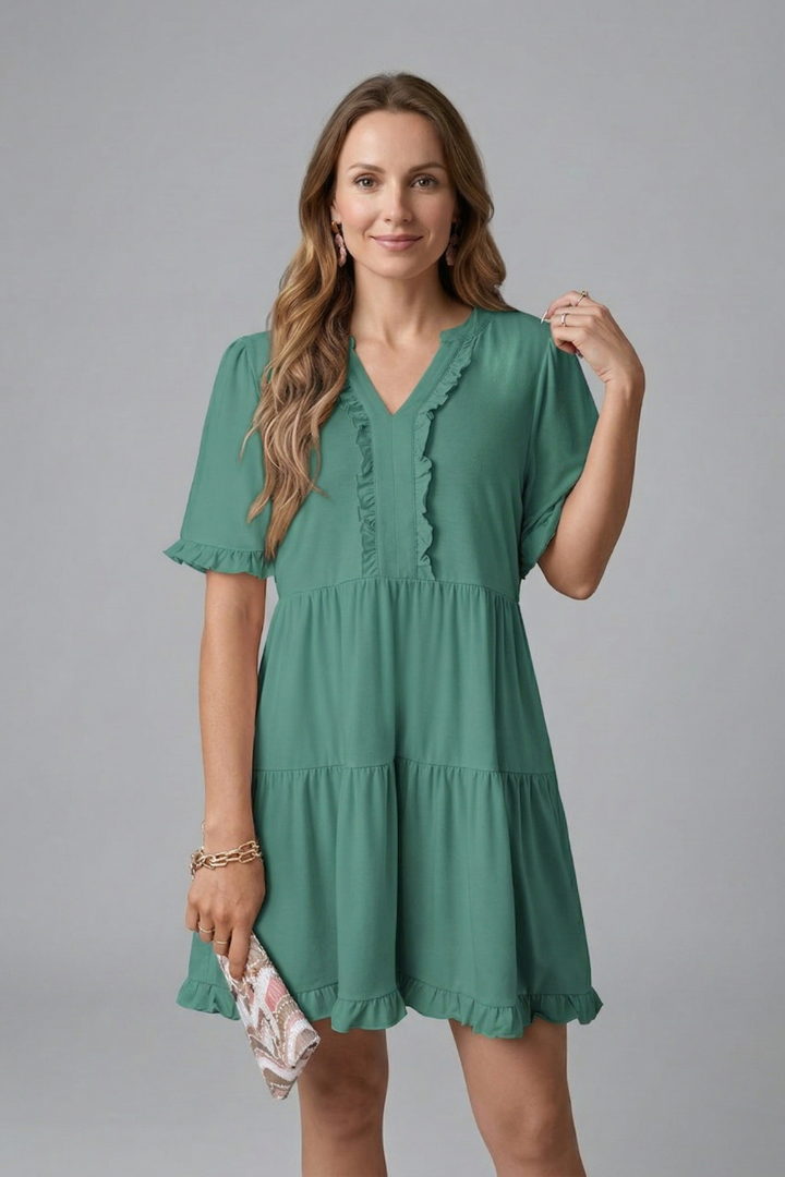 Women's V-Neck Tiered Mini Dress with Ruffle Sleeves & Ruffle Trim – Flared Summer Dress