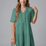 Women's V-Neck Tiered Mini Dress with Ruffle Sleeves & Ruffle Trim – Flared Summer Dress