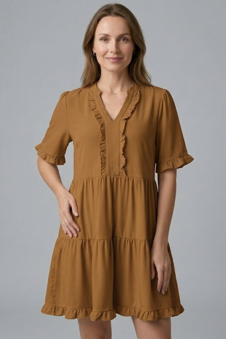 Women's V-Neck Tiered Mini Dress with Ruffle Sleeves & Ruffle Trim – Flared Summer Dress