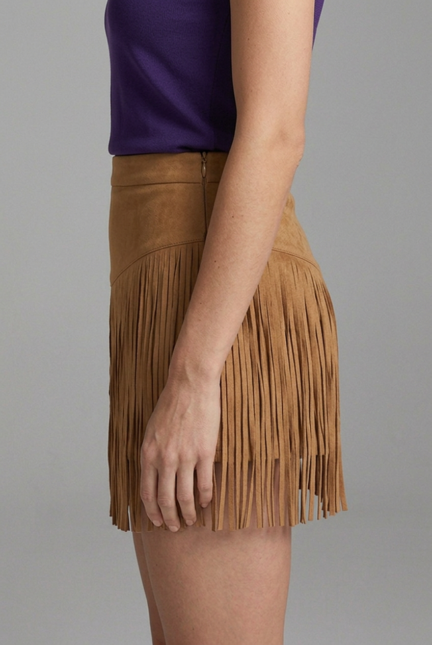 Women's Suede-Look Fringe Mini Skirt with High Waist – Western Style Festival Skirt