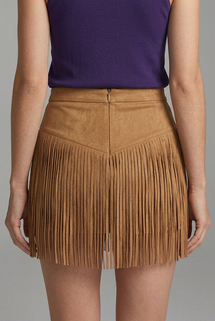 Women's Suede-Look Fringe Mini Skirt with High Waist – Western Style Festival Skirt