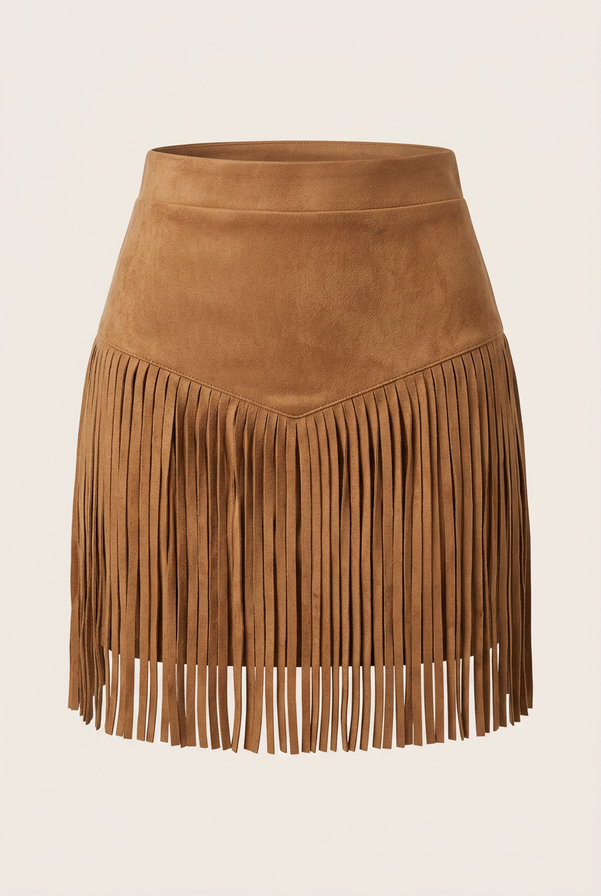 Women's Suede-Look Fringe Mini Skirt with High Waist – Western Style Festival Skirt