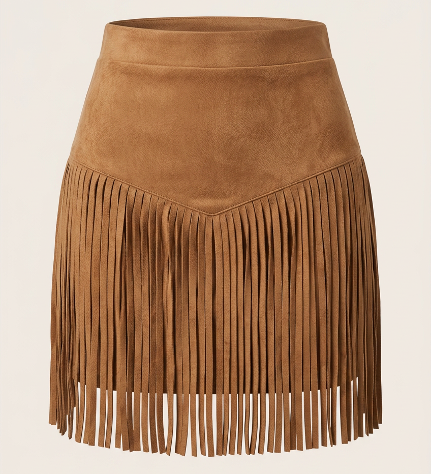 Women's Suede-Look Fringe Mini Skirt with High Waist – Western Style Festival Skirt