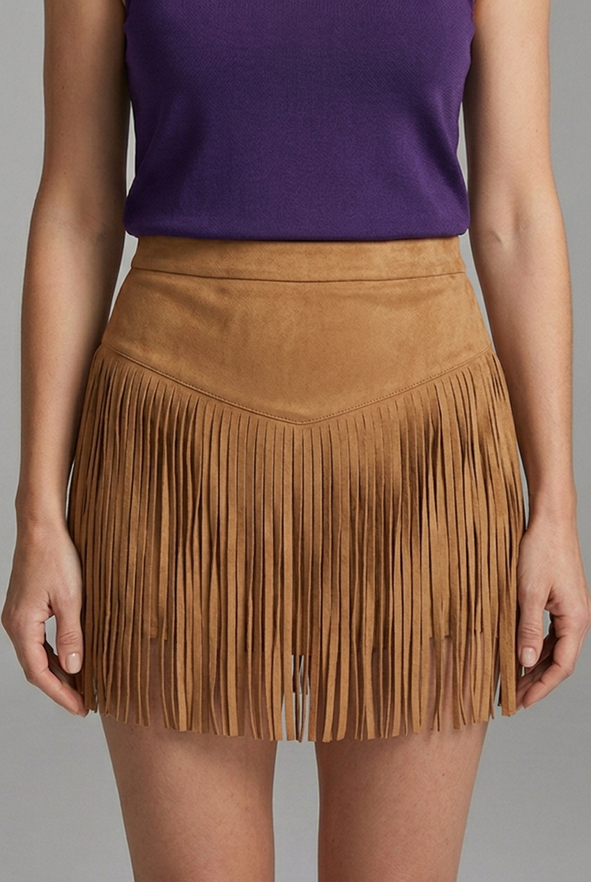 Women's Suede-Look Fringe Mini Skirt with High Waist – Western Style Festival Skirt