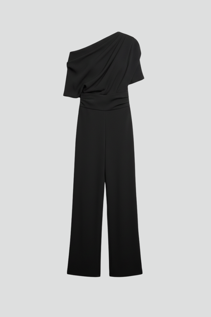 Women's Asymmetric Neck Long Sleeve Wide-Leg Jumpsuit – Elegant Full-Length Jumpsuit for Events