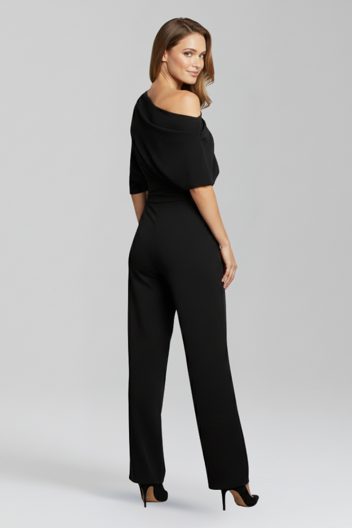 Women's Asymmetric Neck Long Sleeve Wide-Leg Jumpsuit – Elegant Full-Length Jumpsuit for Events