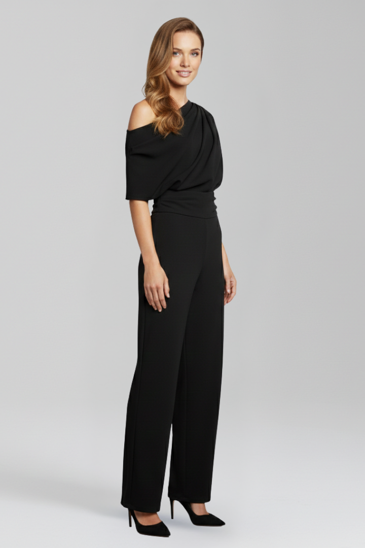 Women's Asymmetric Neck Long Sleeve Wide-Leg Jumpsuit – Elegant Full-Length Jumpsuit for Events