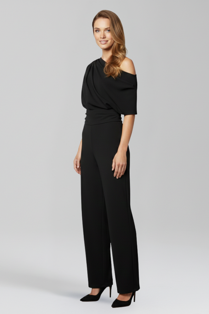 Women's Asymmetric Neck Long Sleeve Wide-Leg Jumpsuit – Elegant Full-Length Jumpsuit for Events