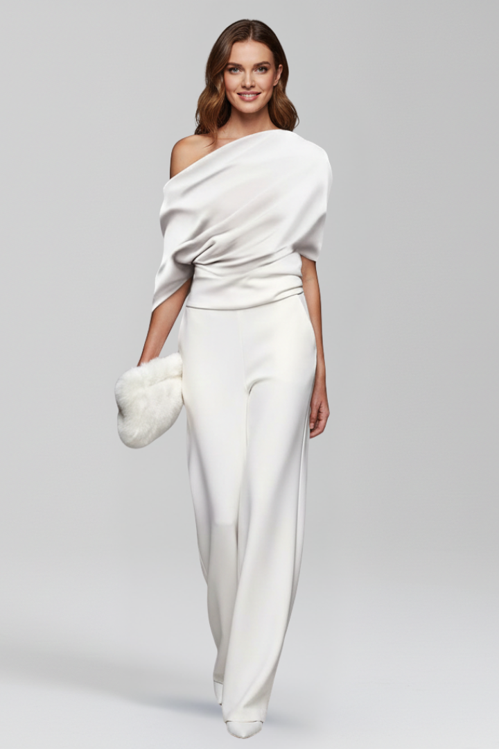 Women's Asymmetric Neck Long Sleeve Wide-Leg Jumpsuit – Elegant Full-Length Jumpsuit for Events