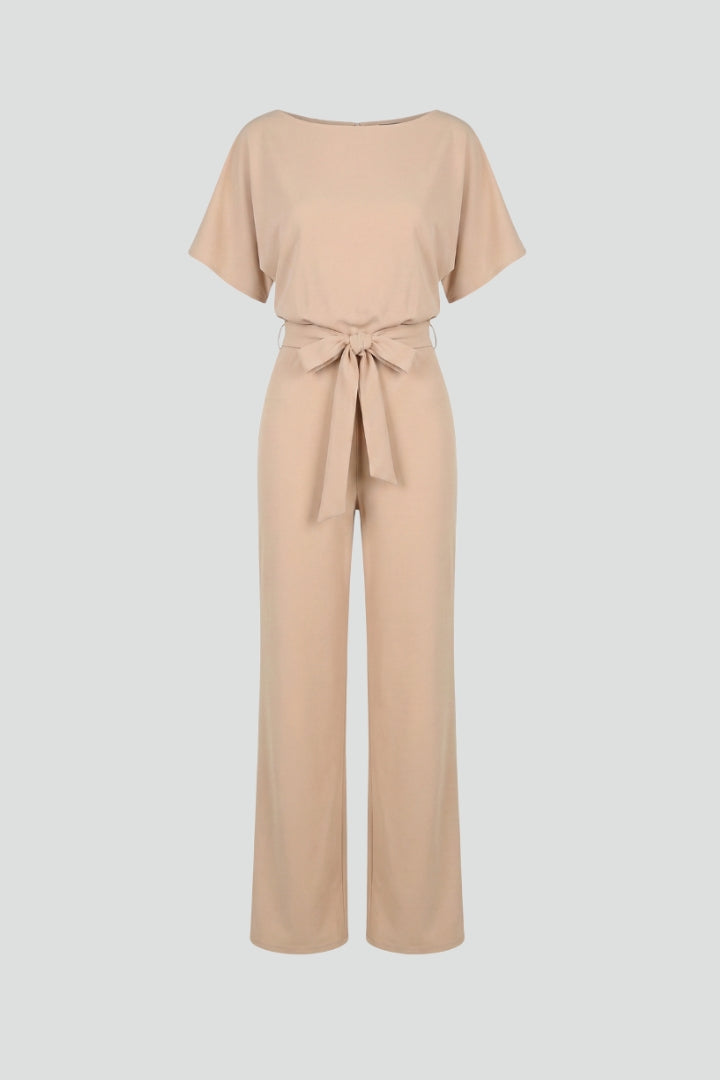 Women's Wide Leg Jumpsuit with Tie Belt & Short Sleeves – Round Neck Casual Summer Jumpsuit