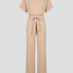 Women's Wide Leg Jumpsuit with Tie Belt & Short Sleeves – Round Neck Casual Summer Jumpsuit