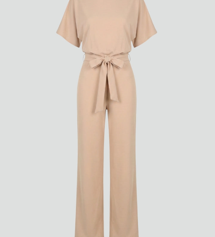 Women's Wide Leg Jumpsuit with Tie Belt & Short Sleeves – Round Neck Casual Summer Jumpsuit