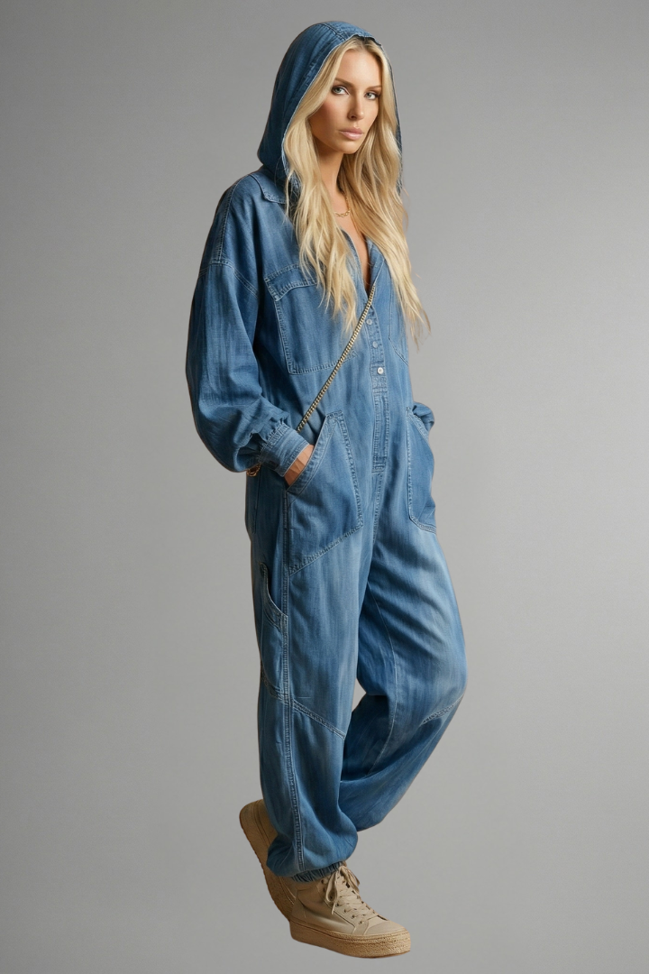 Women's Hooded Long Sleeve Jumpsuit with Side Pockets – Relaxed Casual One-Piece