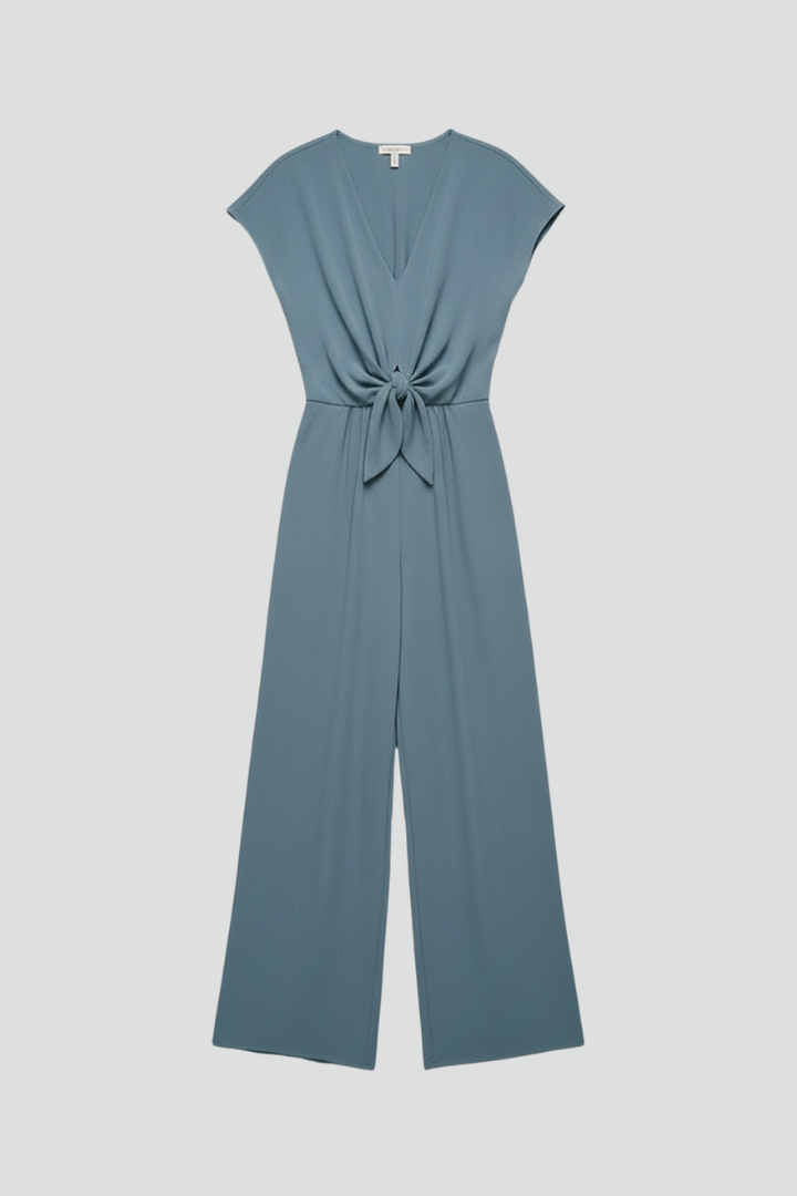 Women's V-Neck Wide Leg Jumpsuit with Tie Waist and Cap Sleeves – Smart Occasion Jumpsuit