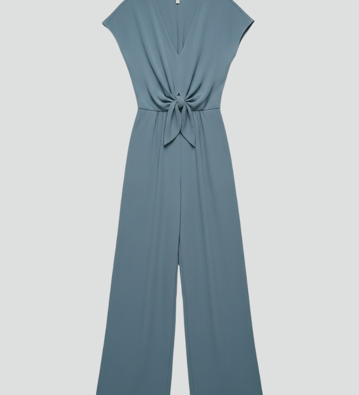 Women's V-Neck Wide Leg Jumpsuit with Tie Waist and Cap Sleeves – Smart Occasion Jumpsuit