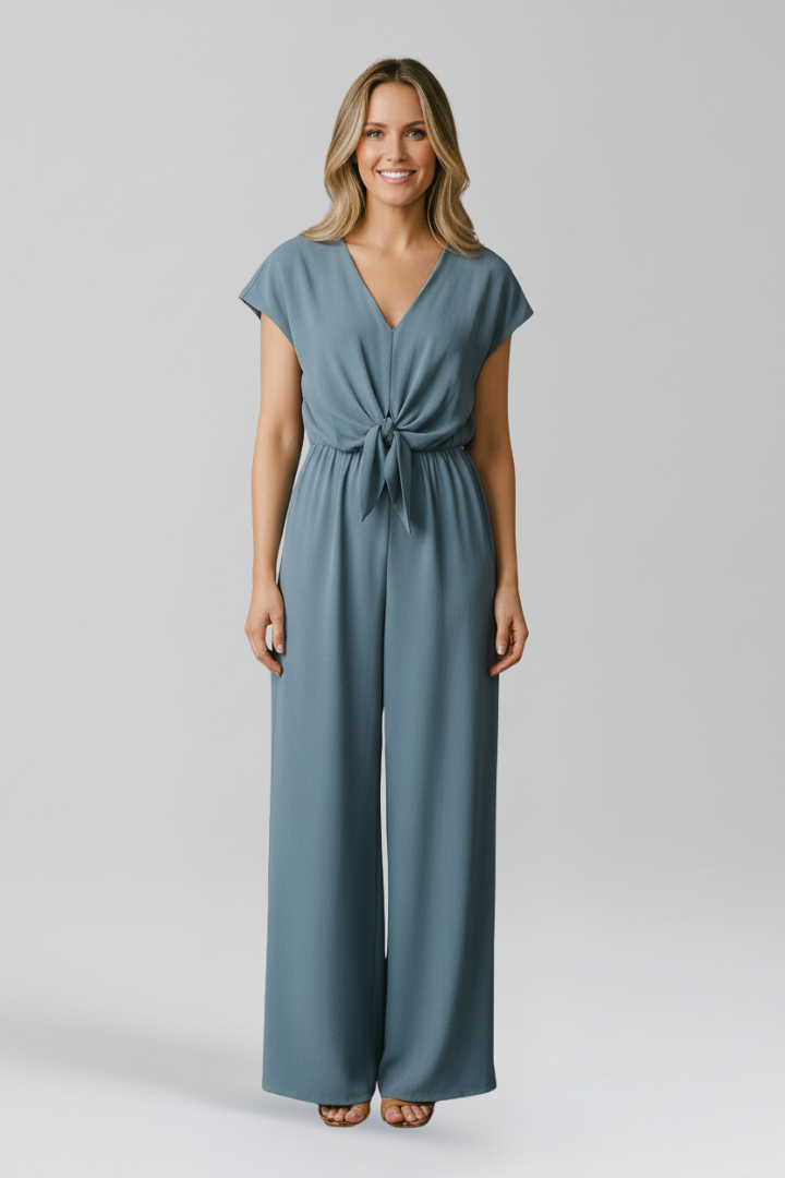 Women's V-Neck Wide Leg Jumpsuit with Tie Waist and Cap Sleeves – Smart Occasion Jumpsuit