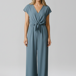 Women's V-Neck Wide Leg Jumpsuit with Tie Waist and Cap Sleeves – Smart Occasion Jumpsuit
