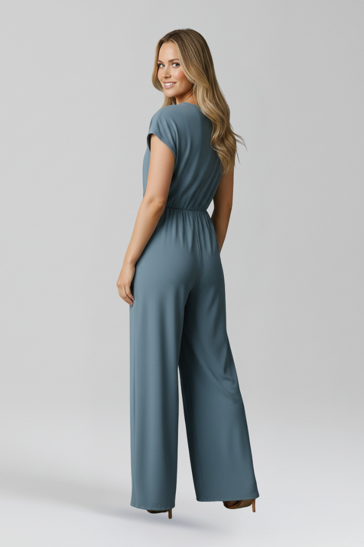 Women's V-Neck Wide Leg Jumpsuit with Tie Waist and Cap Sleeves – Smart Occasion Jumpsuit