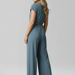 Women's V-Neck Wide Leg Jumpsuit with Tie Waist and Cap Sleeves – Smart Occasion Jumpsuit