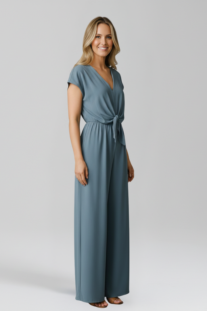 Women's V-Neck Wide Leg Jumpsuit with Tie Waist and Cap Sleeves – Smart Occasion Jumpsuit