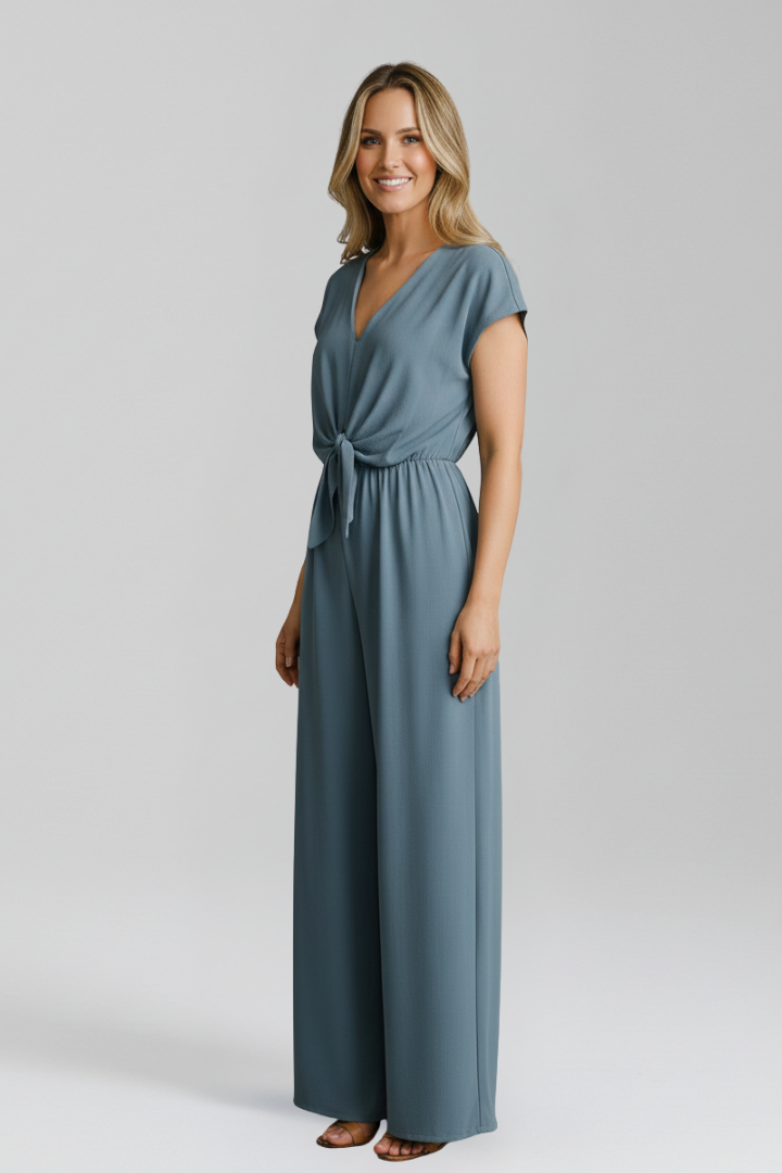 Women's V-Neck Wide Leg Jumpsuit with Tie Waist and Cap Sleeves – Smart Occasion Jumpsuit