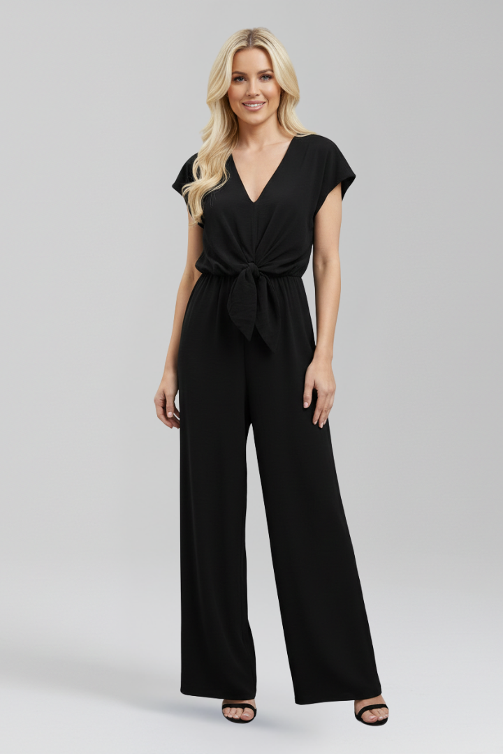 Women's V-Neck Wide Leg Jumpsuit with Tie Waist and Cap Sleeves – Smart Occasion Jumpsuit