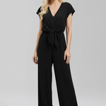 Women's V-Neck Wide Leg Jumpsuit with Tie Waist and Cap Sleeves – Smart Occasion Jumpsuit