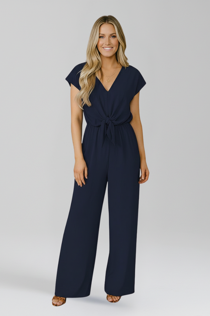 Women's V-Neck Wide Leg Jumpsuit with Tie Waist and Cap Sleeves – Smart Occasion Jumpsuit