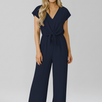 Women's V-Neck Wide Leg Jumpsuit with Tie Waist and Cap Sleeves – Smart Occasion Jumpsuit