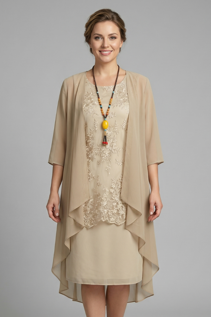 Women's Layered Chiffon Midi Dress with Lace Overlay – Wedding Guest & Garden Party Dress