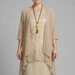 Women's Layered Chiffon Midi Dress with Lace Overlay – Wedding Guest & Garden Party Dress