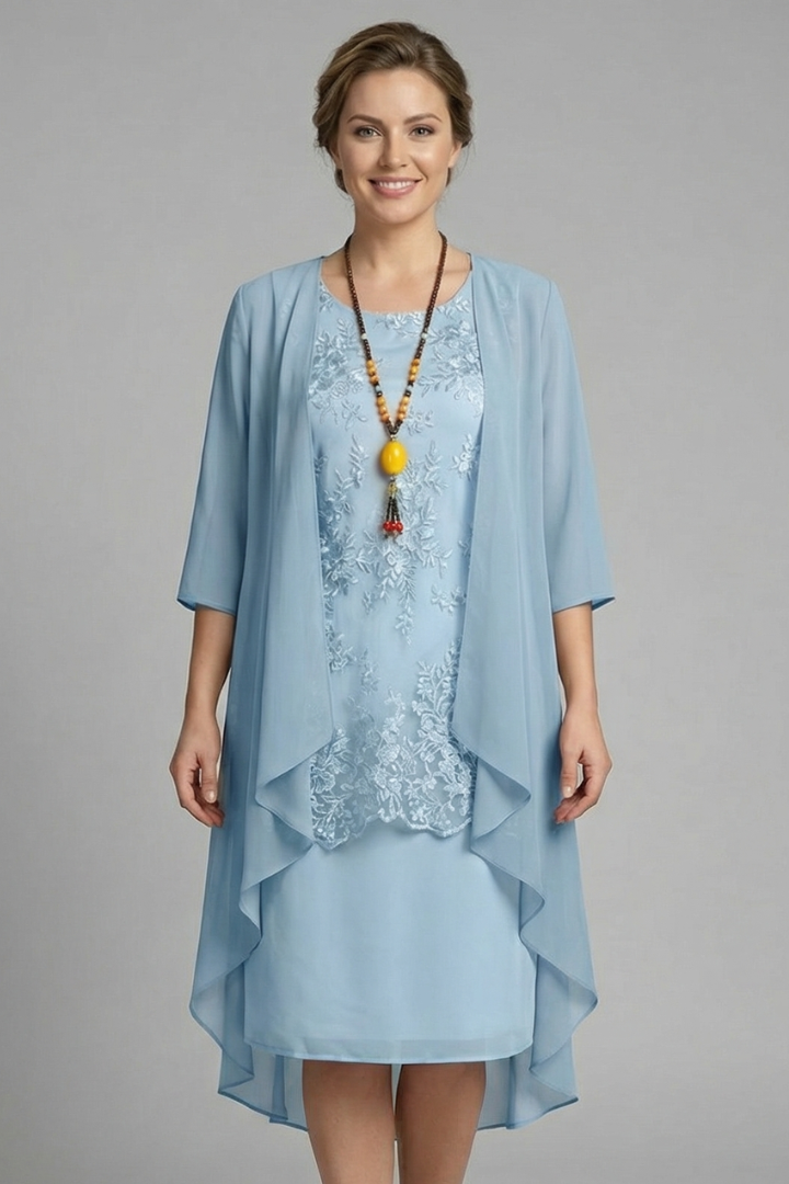 Women's Layered Chiffon Midi Dress with Lace Overlay – Wedding Guest & Garden Party Dress